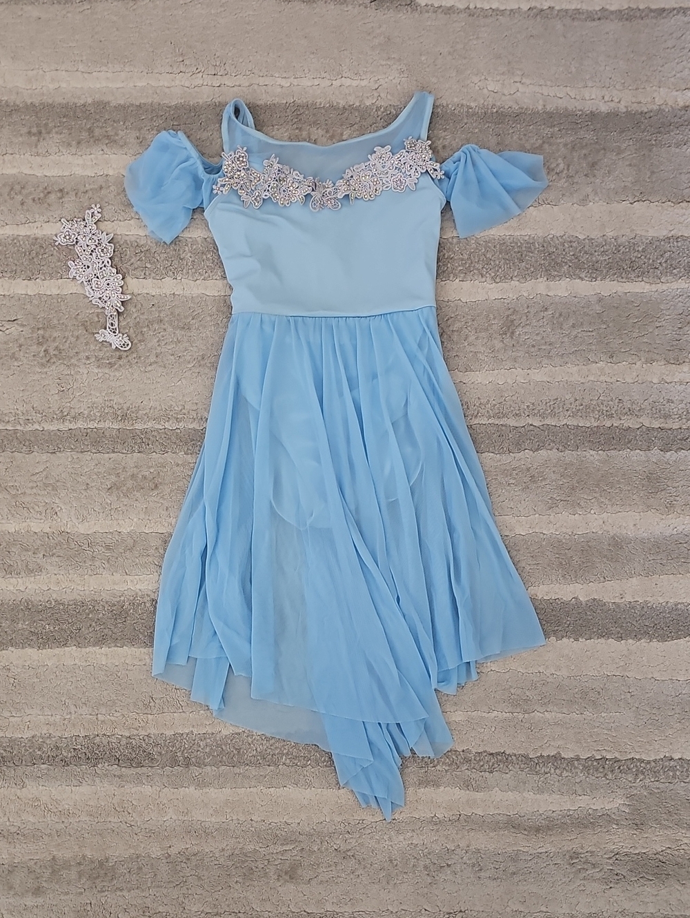 Weissman Light Blue Chiffon Shoulder Dress with Lace Appliqué